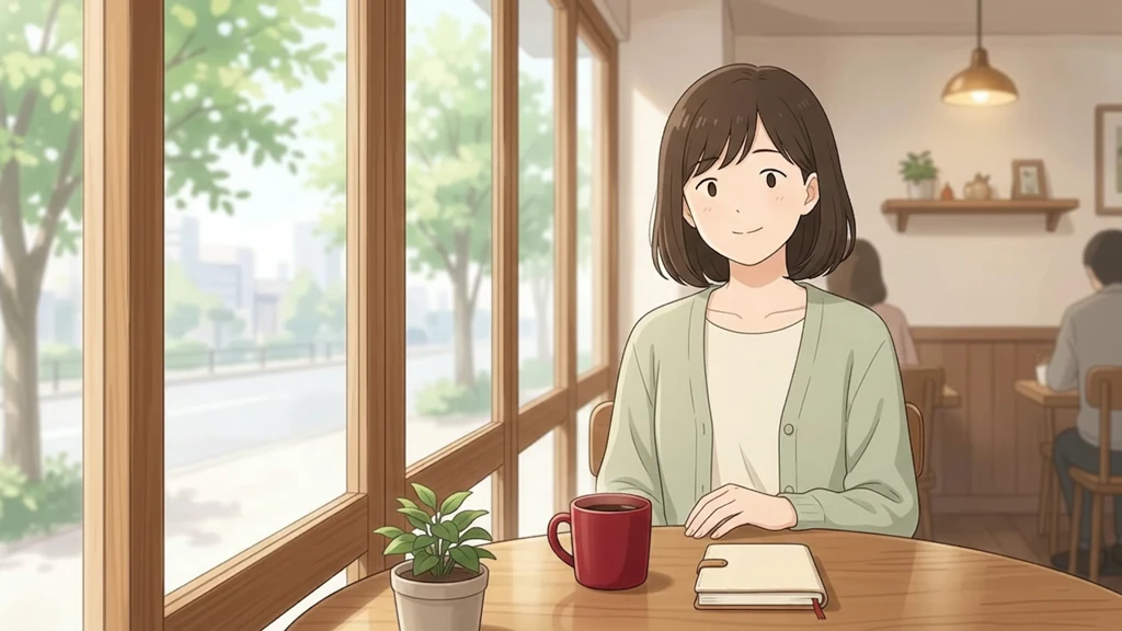 明るいカフェで、向かいの友人と話しているイラスト